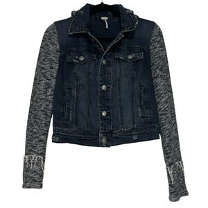 Free People Distressed Denim Jean Knit Sweatshirt Hoodie Jacket size XS
